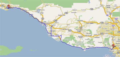 Route from Santa Monica to Santa Barbara